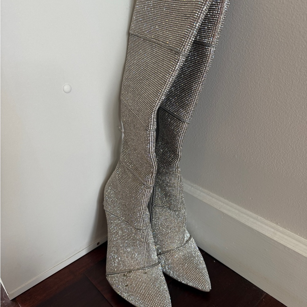 Elegant Silver Sparkle Knee High Boots